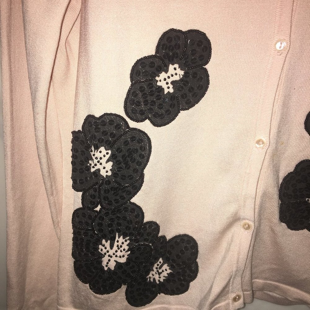 Tara Ryan Cardigan Size S Pale Pink Black Flowers - Picture 4 of 13